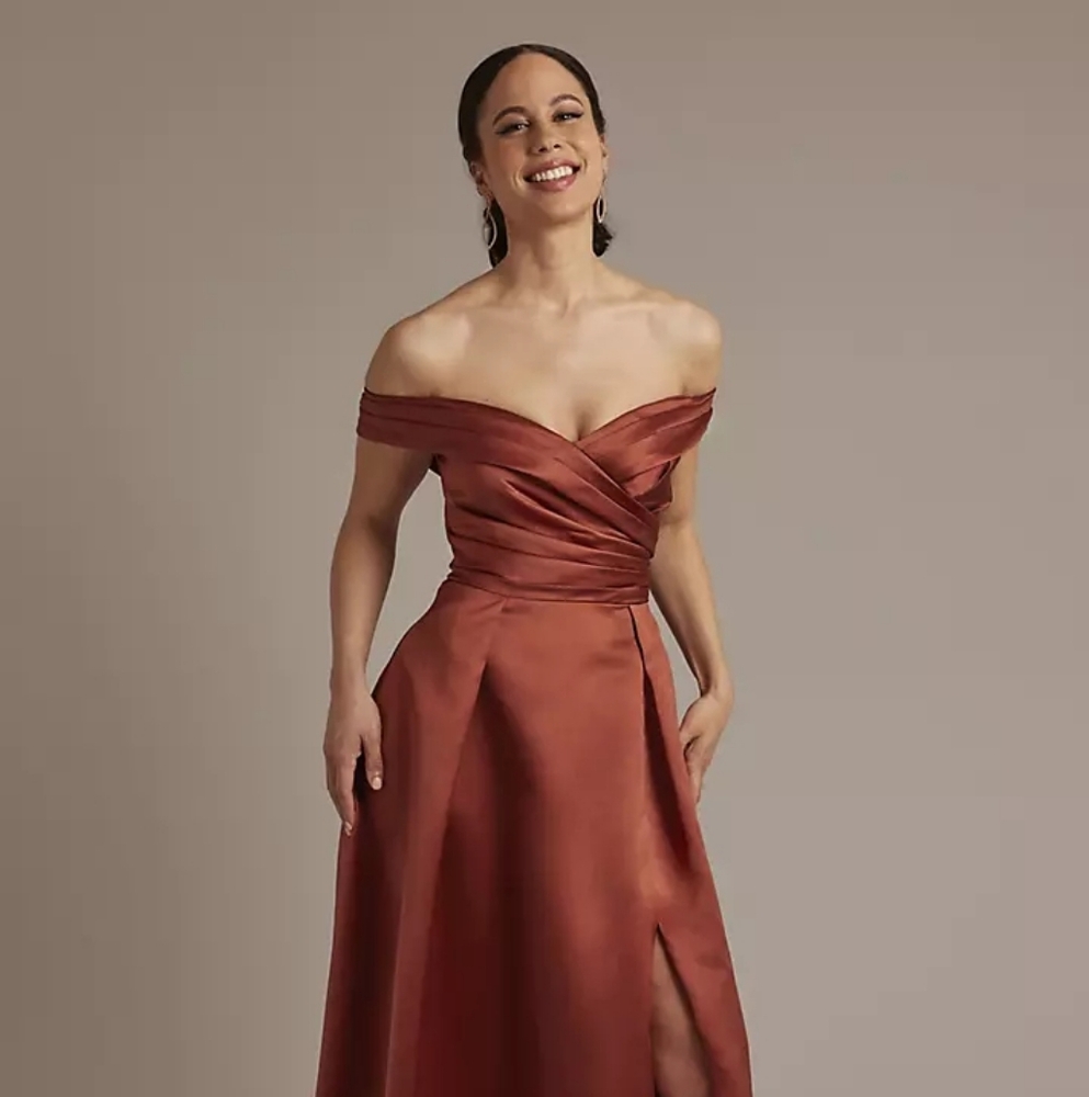David's Bridal Off The Shoulder Satin Dress, Cinnamon
